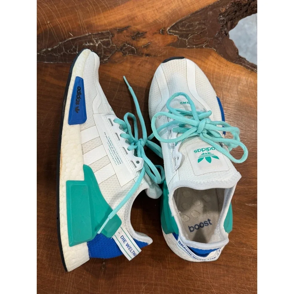 Adidas NMD R1 White Blue Green Boost Sneakers‎ Men's Size 7.5 Running Shoes